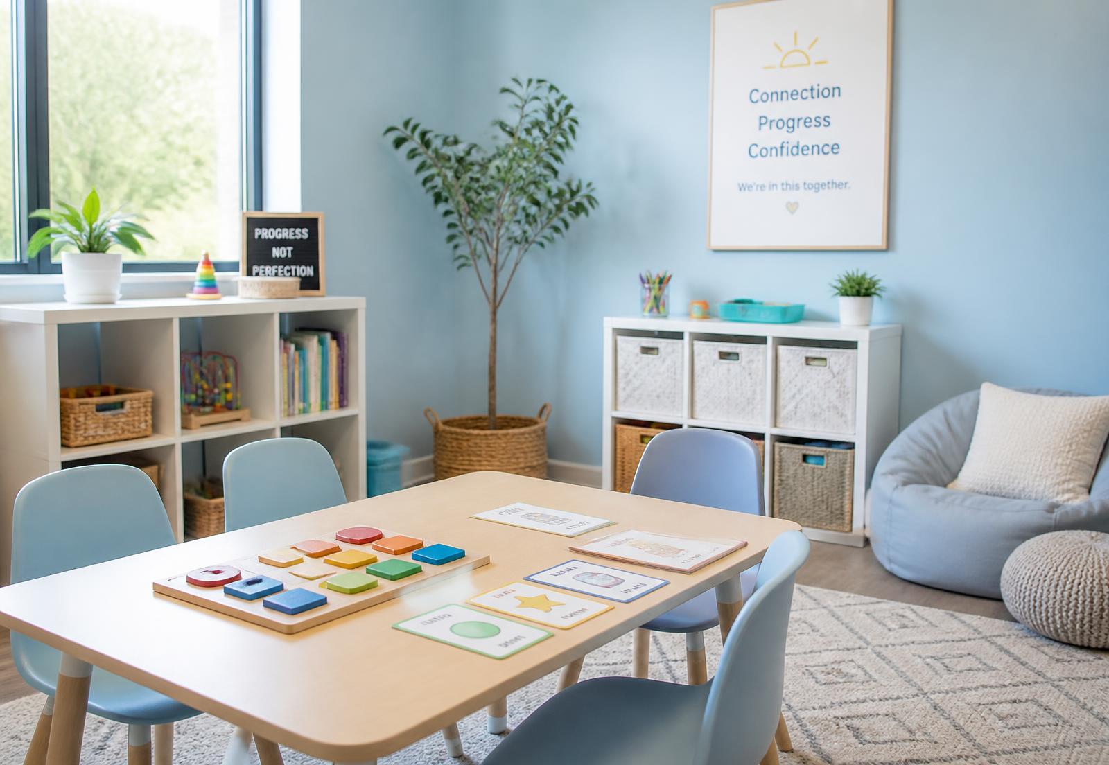 Bright, calm ABA clinic therapy room with a learning table and puzzle activities